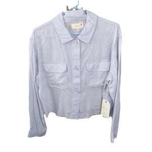 April Kiss Linen Blend Long Sleeve Crop Shirt Pockets Women Blue New M Raw Hem